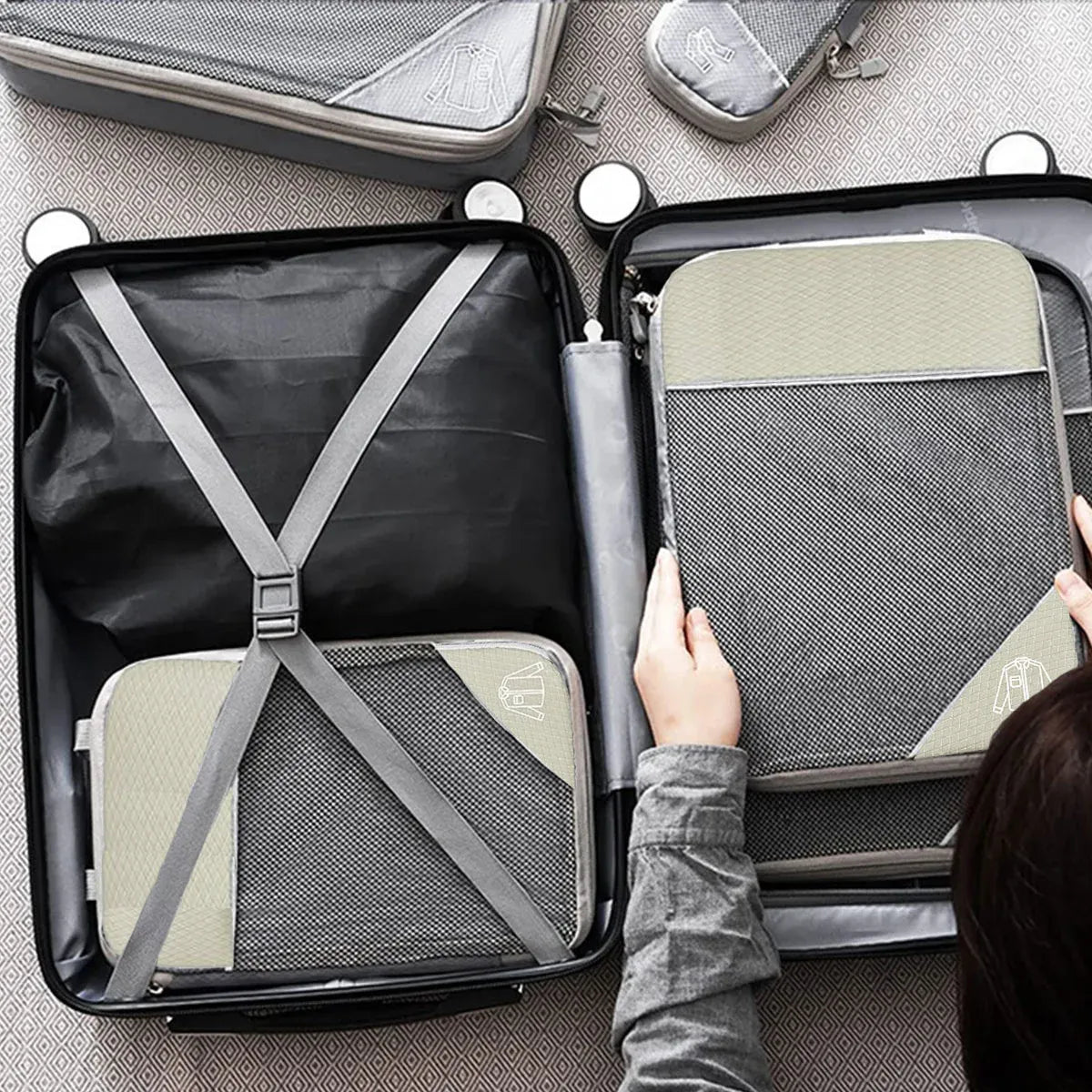 6PCS Compression Packing Cubes Expandable Luggage Storage Bag Travel Packing Bag - White