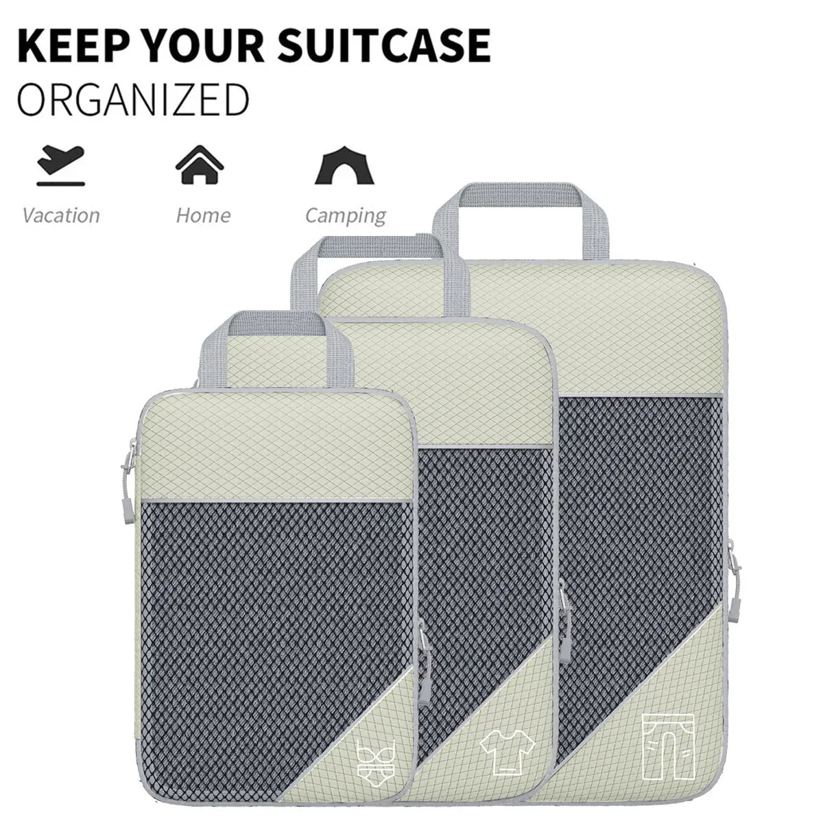 6PCS Compression Packing Cubes Expandable Luggage Storage Bag Travel Packing Bag - White