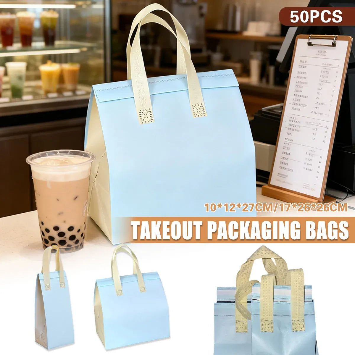 50PCS Blue Takeaway Packaging Bags with Handles and Self-Adhesive Seal - M