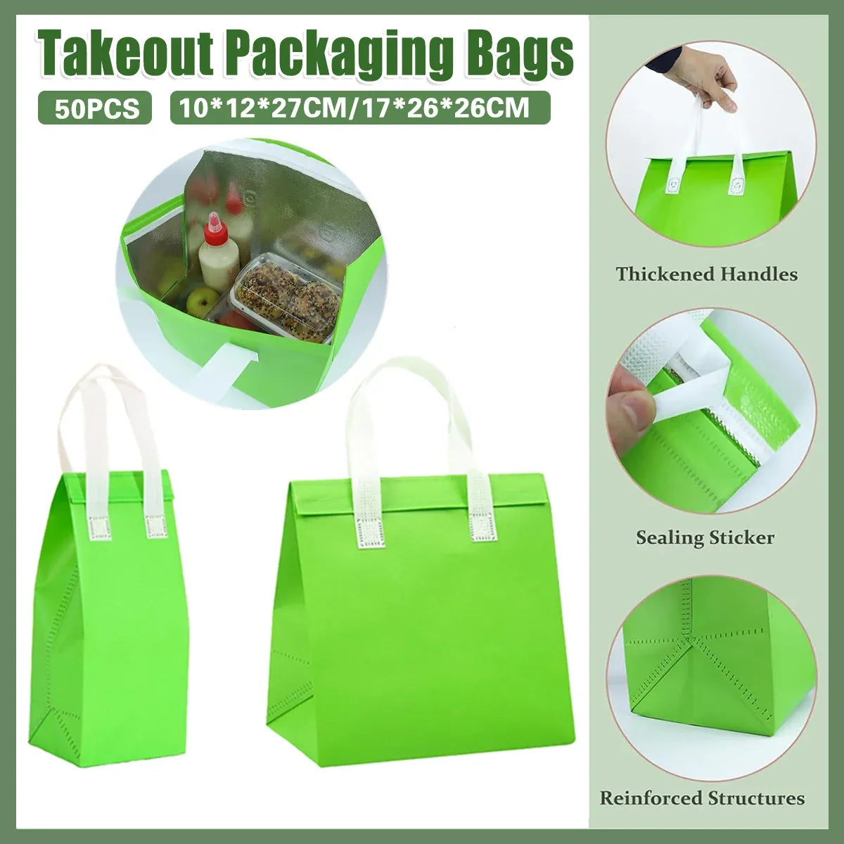 50PCS Green Takeaway Packaging Bags with Handles and Self-Adhesive Seal - L