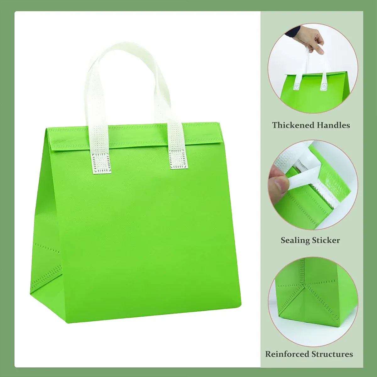 50PCS Green Takeaway Packaging Bags with Handles and Self-Adhesive Seal - L