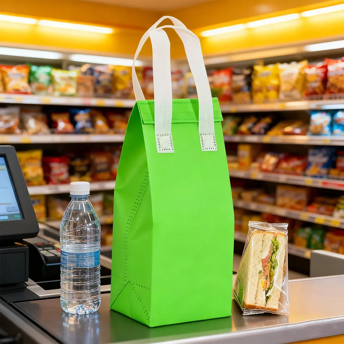 50PCS Green Takeaway Packaging Bags with Handles and Self-Adhesive Seal - L