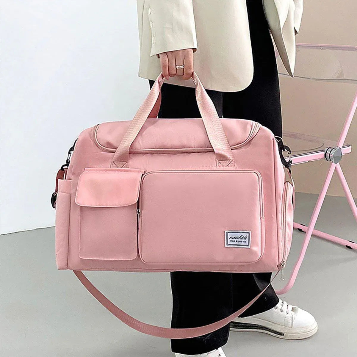 Unisex Waterproof Portable Travel Luggage Carry On Shoulder Hand Duffle Bag - Pink