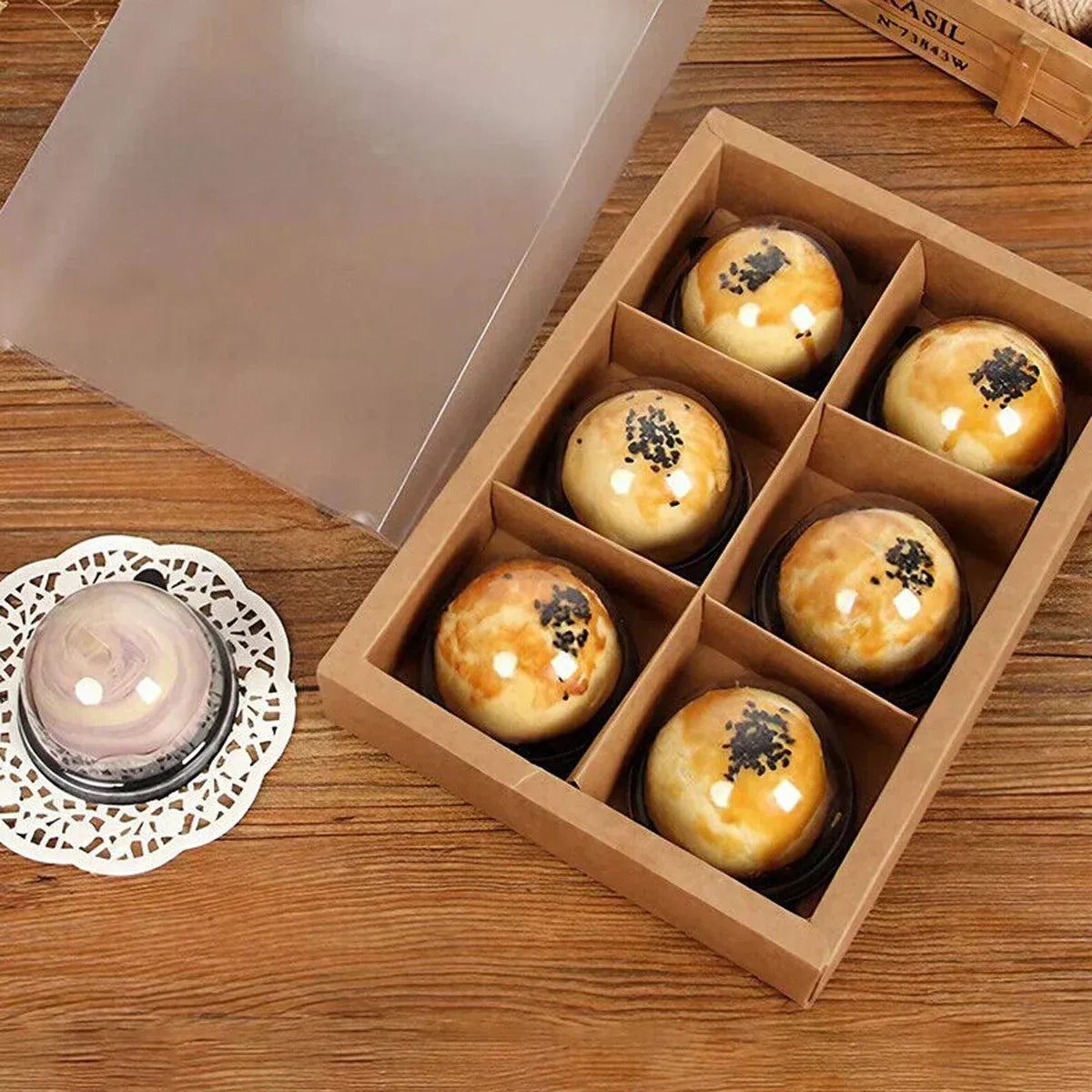 Kraft Paper Mooncake Gift Box 6 Compartment 50pcs Bakery Pastry Packaging Box - Kraft