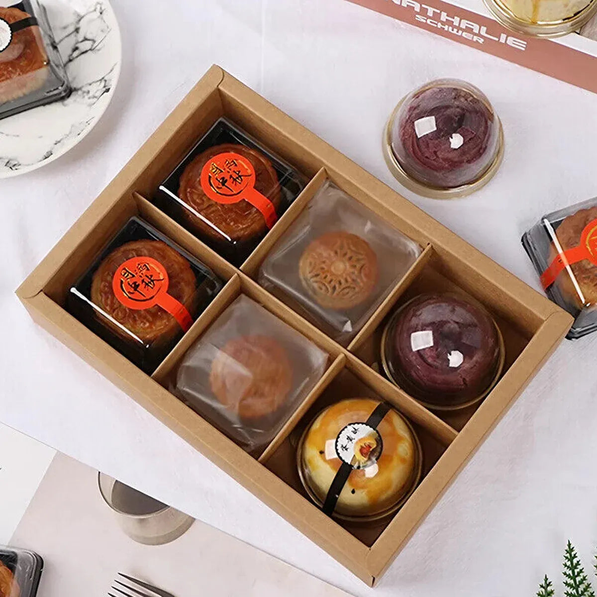 Kraft Paper Mooncake Gift Box 6 Compartment 50pcs Bakery Pastry Packaging Box - Red