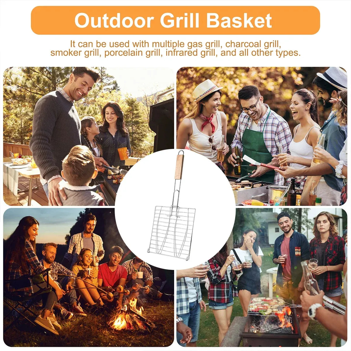 Barbecue Net Clamp Iron Wire Mesh with Wooden Handle for Camping Grill - 43x15cm