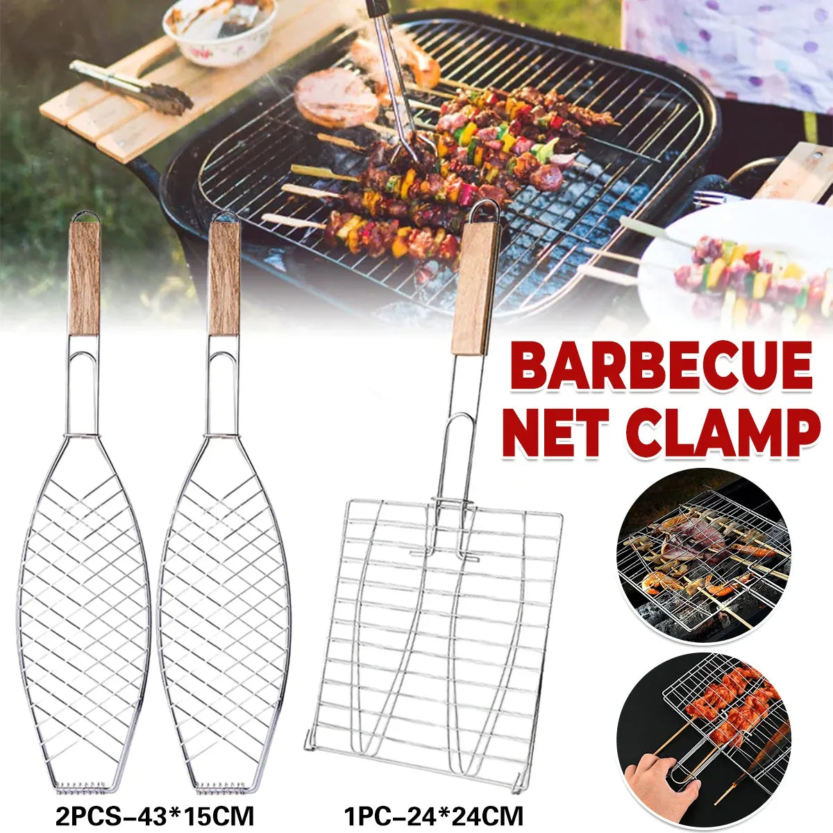Barbecue Net Clamp Iron Wire Mesh with Wooden Handle for Camping Grill - 24x24cm