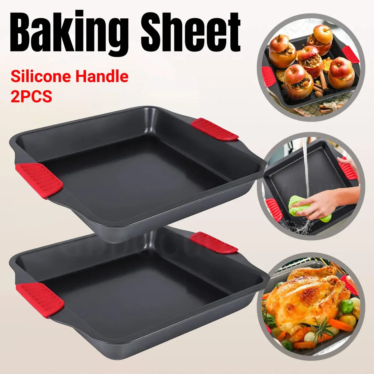 2 PCS Baking Tray with Silicone Handle Non-Stick Roasting Pan Safe Easy Clean