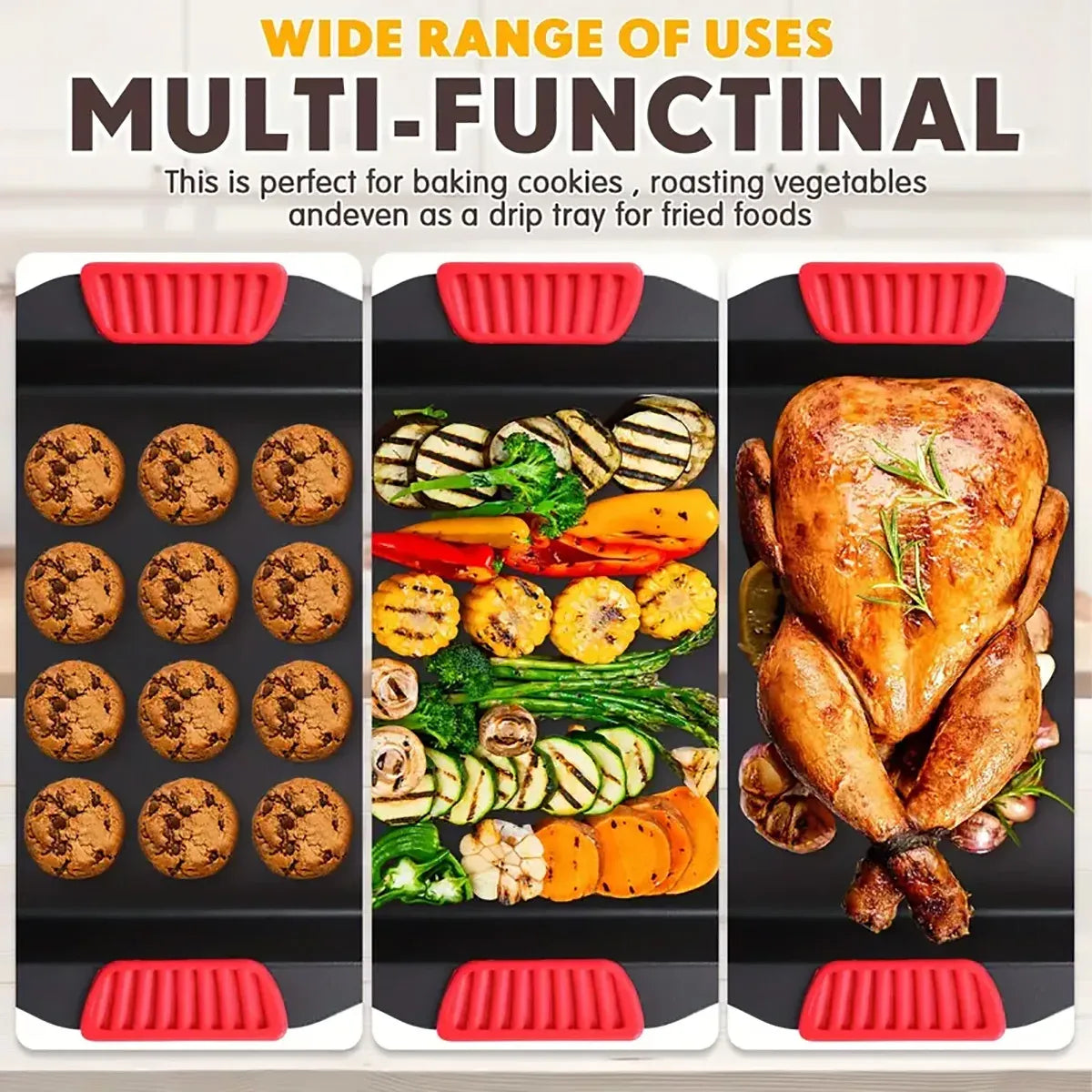 2 PCS Baking Tray with Silicone Handle Non-Stick Roasting Pan Safe Easy Clean