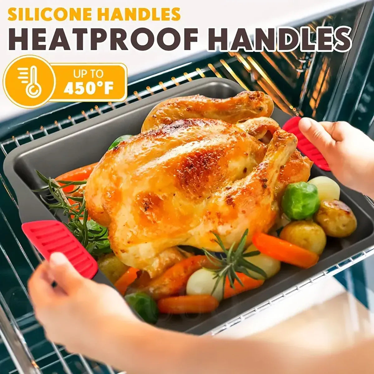 2 PCS Baking Tray with Silicone Handle Non-Stick Roasting Pan Safe Easy Clean