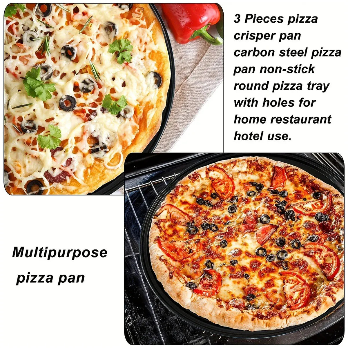 3pcs Pizza Pan Non-Stick Crisper Tray Oven Baking Bakeware With Holes 24-28CM
