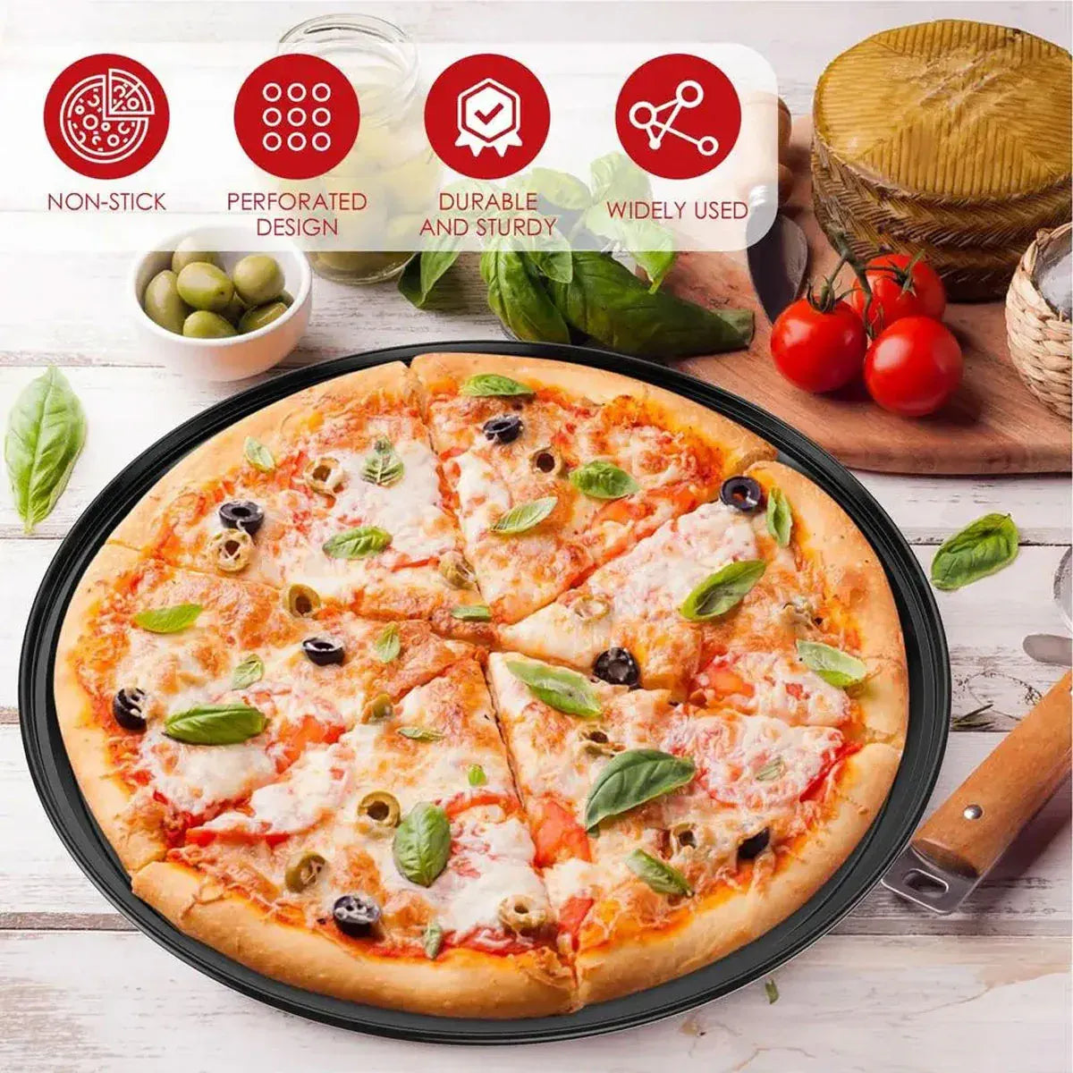 3pcs Pizza Pan Non-Stick Crisper Tray Oven Baking Bakeware With Holes 24-28CM