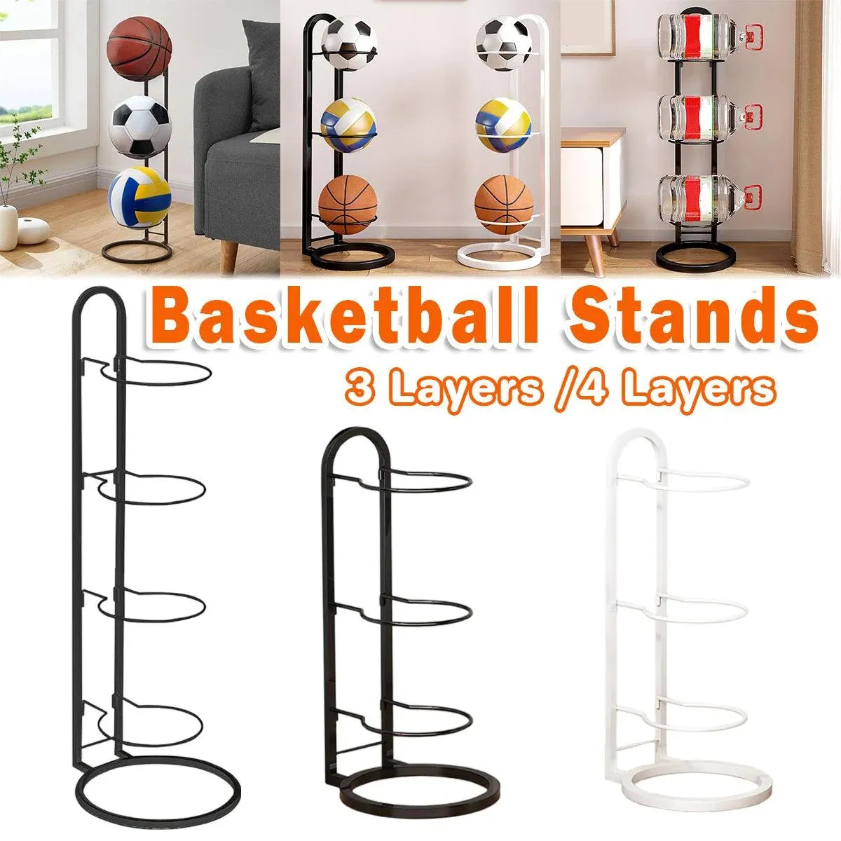 3/4Tier Basketball Stand Ball Organizer Storage Rack Basketball Equipment Holder - Black-3 Layers