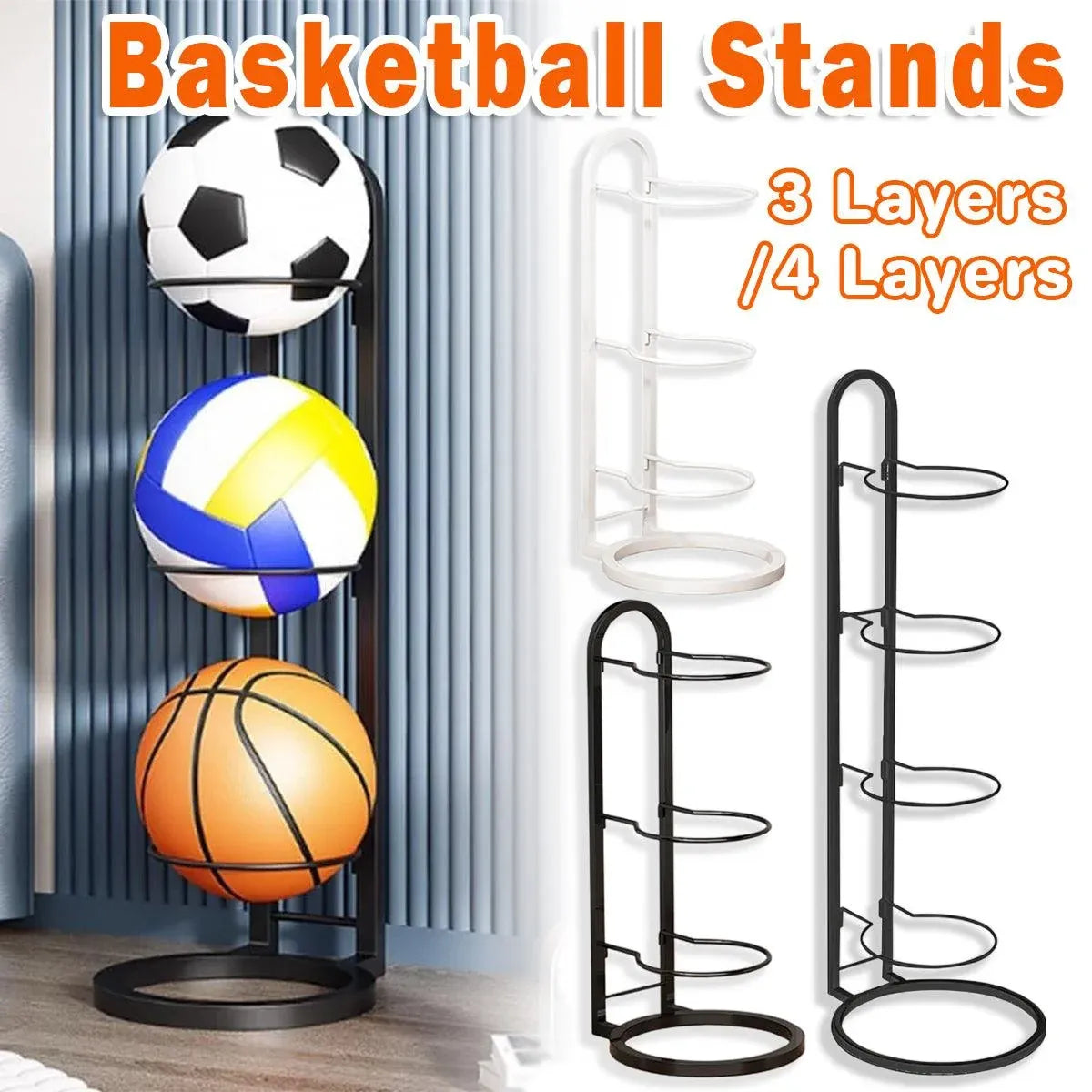 3/4Tier Basketball Stand Ball Organizer Storage Rack Basketball Equipment Holder - Black-4 Layers