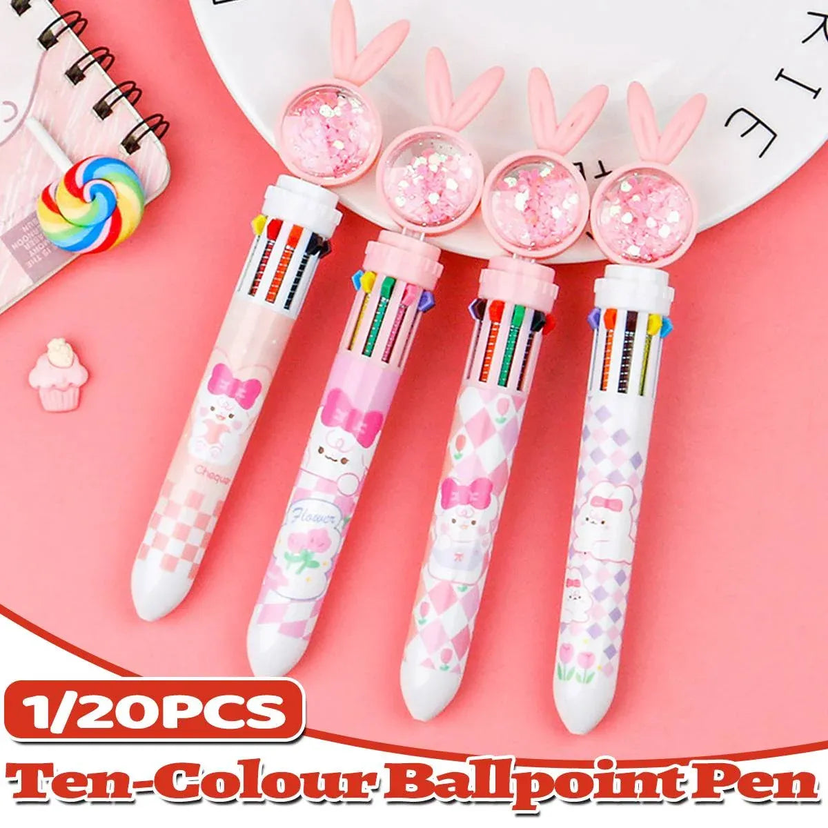 1/20Pcs Cute Cartoon Push Click 10 Colour Ballpoint Pen Set Office School Supply - 20PCS