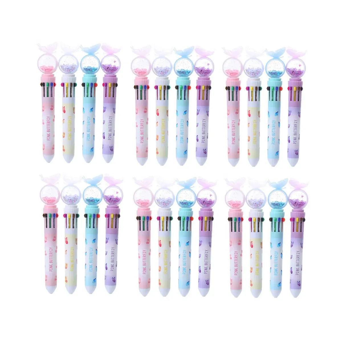 Butterfly 10 Colour Press Ballpoint Pen Sequin Dome Stationery 0.7mm - 24PCS