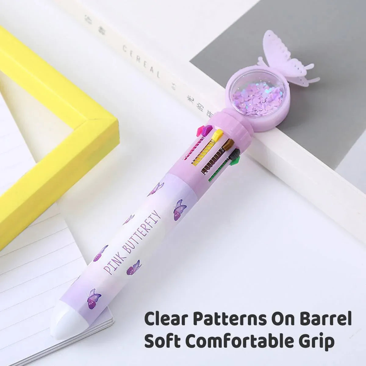 Butterfly 10 Colour Press Ballpoint Pen Sequin Dome Stationery 0.7mm - 24PCS