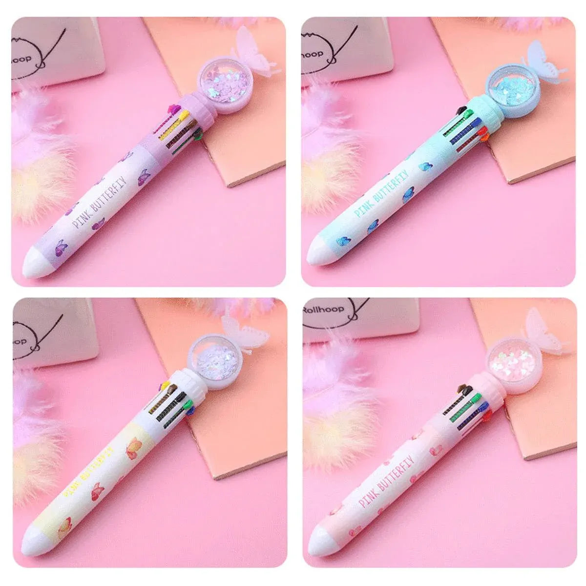 Butterfly 10 Colour Press Ballpoint Pen Sequin Dome Stationery 0.7mm - 24PCS