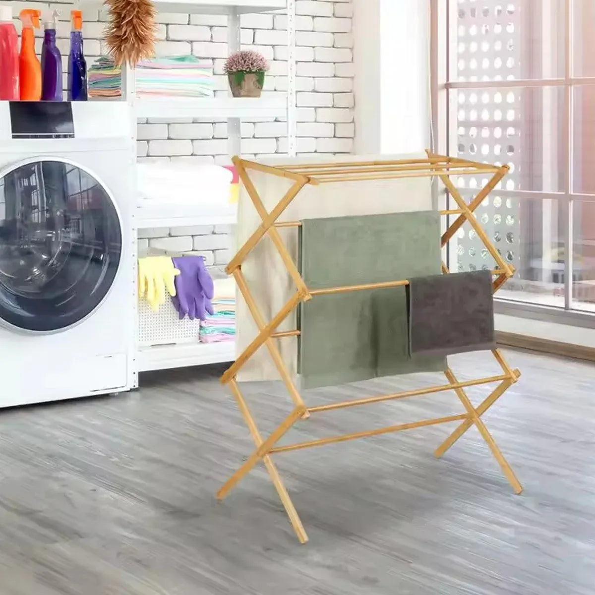 Bamboo Clothes Drying Rack Folding Floor Stand Indoor Vertical Laundry Hanger