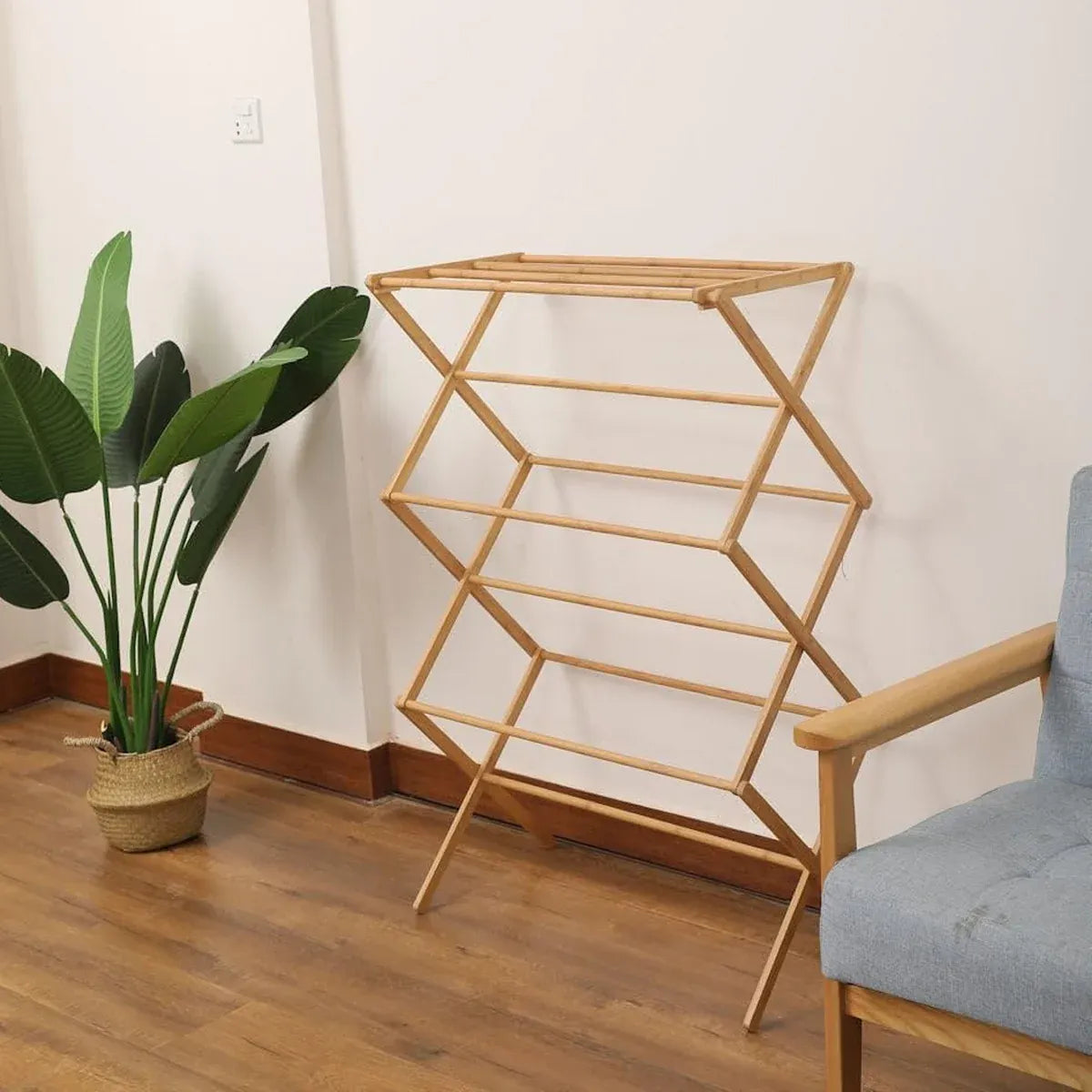 Bamboo Clothes Drying Rack Folding Floor Stand Indoor Vertical Laundry Hanger