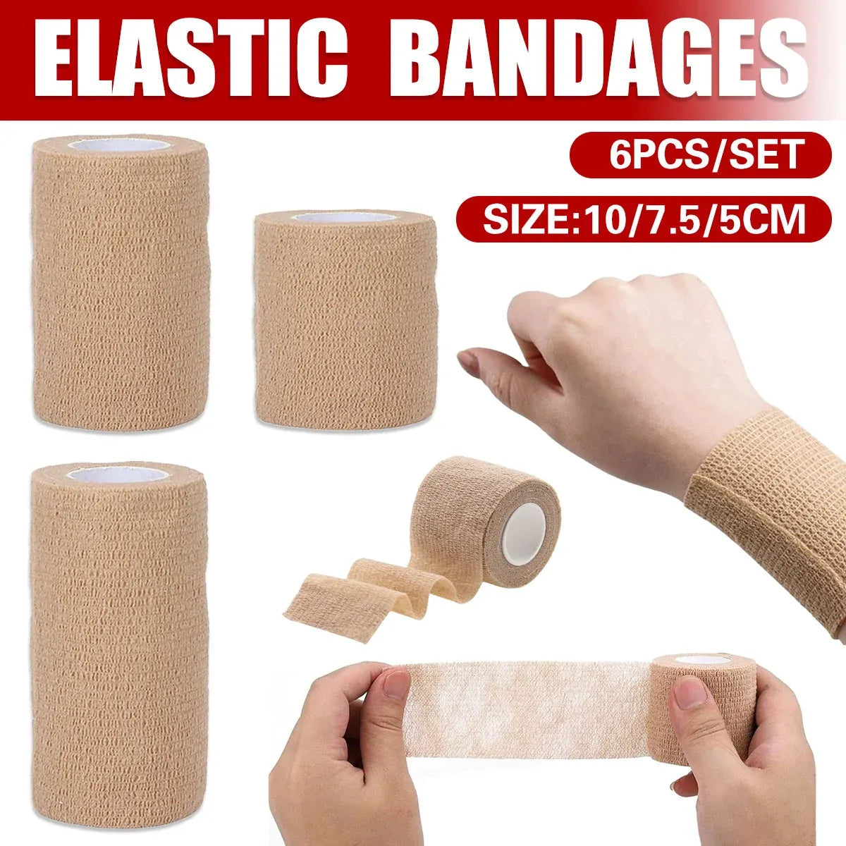 6PCS Self Adhesive Elastic Wrap Non Woven Cohesive Tape for Sports and Daily Use - 10cm