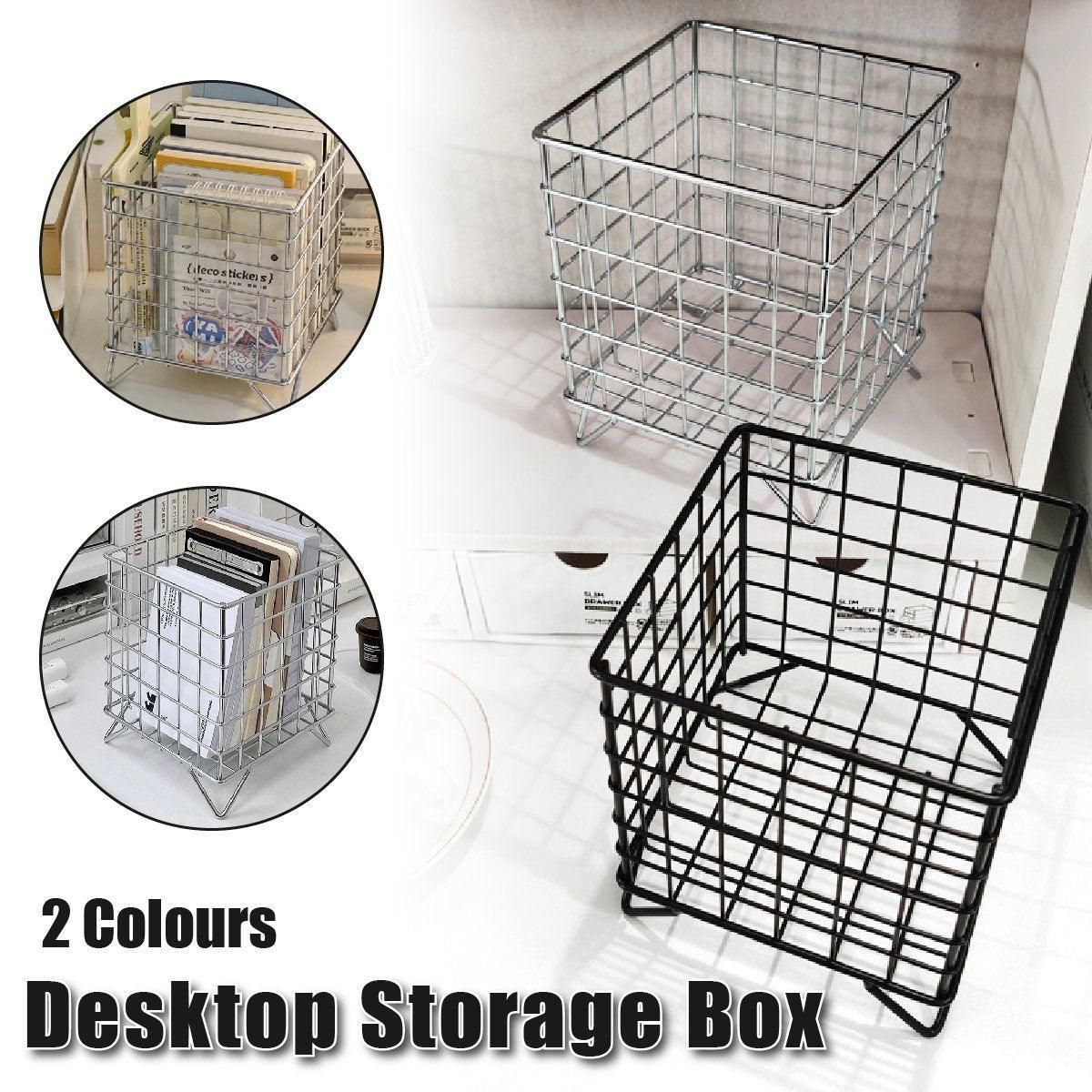 Large Wrought Iron Storage Basket Desktop Organizer Box for Dormitory Cosmetics - Black