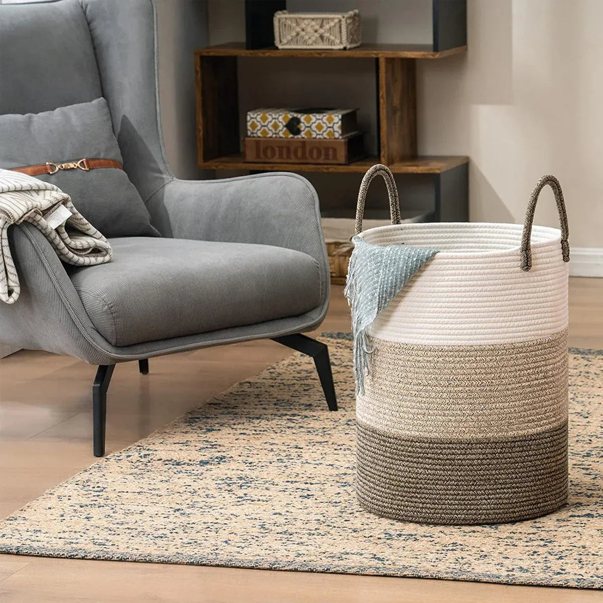 Handheld Cotton Rope Woven Storage Basket for Bedroom Bathroom Closet Durable
