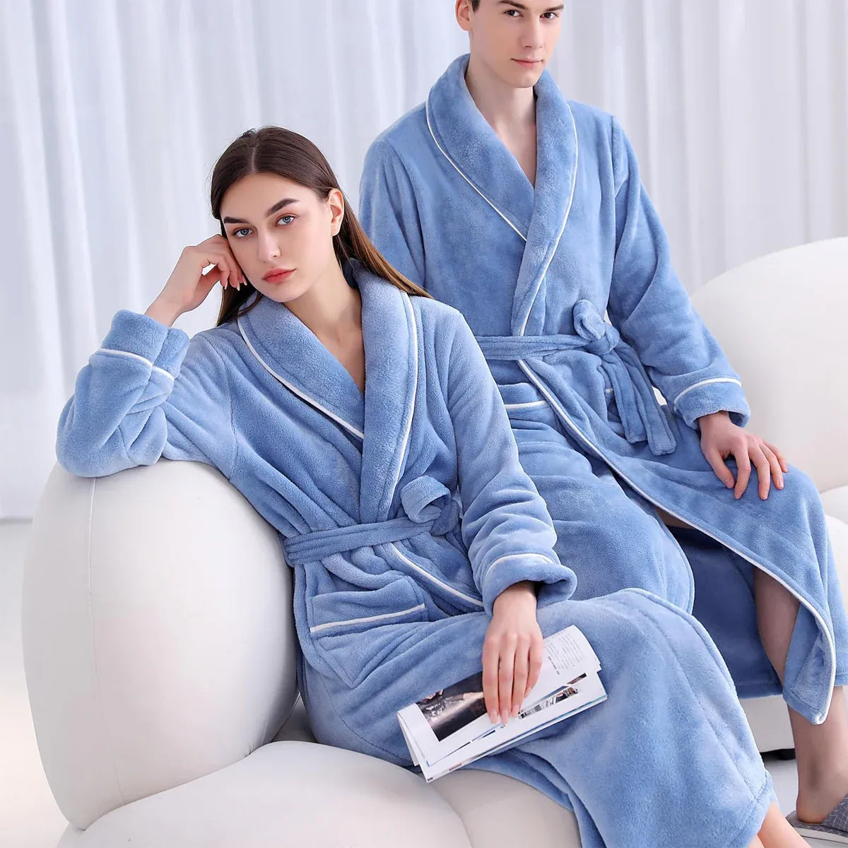 Flannel Bathrobe Set Autumn Winter Coral Fleece Nightgown for Men and Women Warm - Grey