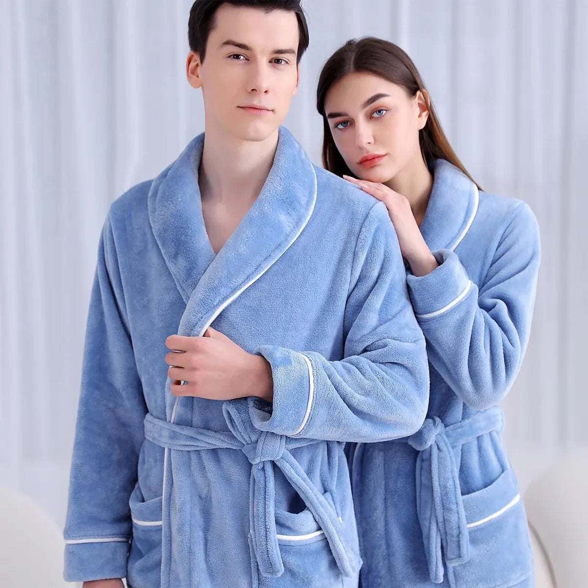 Flannel Bathrobe Set Autumn Winter Coral Fleece Nightgown for Men and Women Warm - Grey