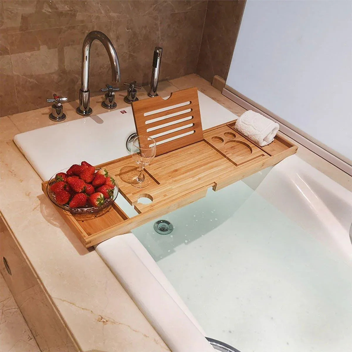 Bathroom Bamboo Bath Caddy Wine Glass Holder Table Tray Bathtub Rack Soap Shelf