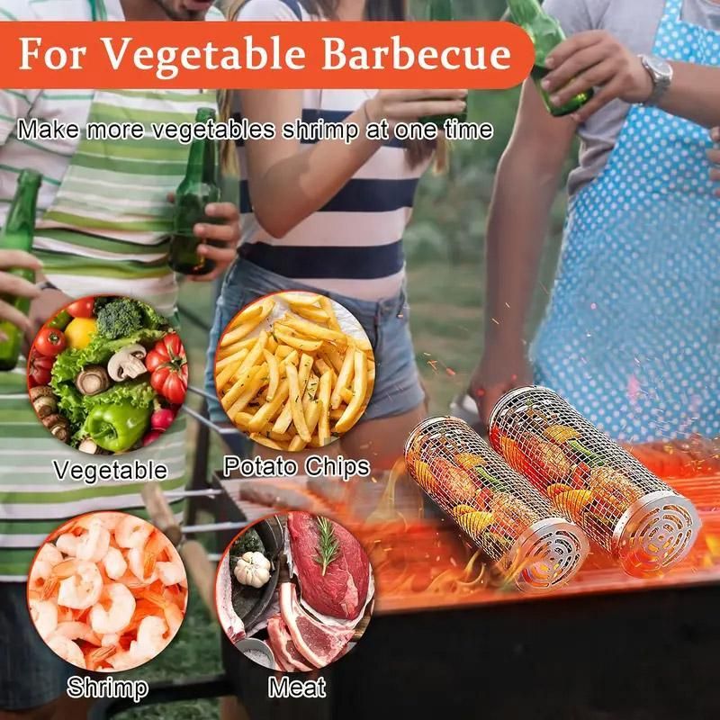 2PCS Rolling BBQ Cage Rotisserie Basket Tube Grill BBQ Cooking Accessories
