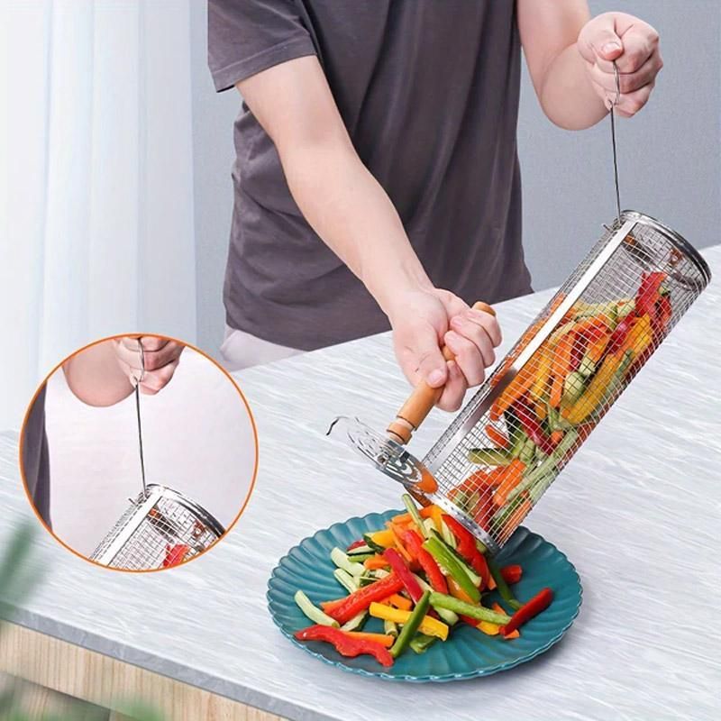 2PCS Rolling BBQ Cage Rotisserie Basket Tube Grill BBQ Cooking Accessories