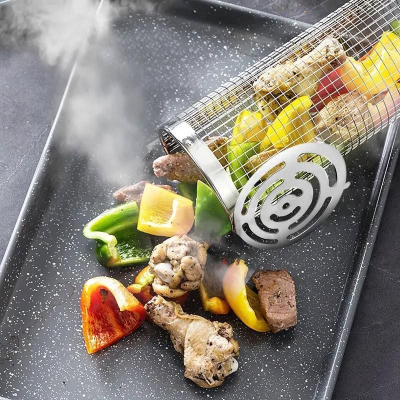 2PCS Rolling BBQ Cage Rotisserie Basket Tube Grill BBQ Cooking Accessories