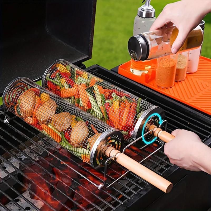 2PCS Rolling BBQ Cage Rotisserie Basket Tube Grill BBQ Cooking Accessories