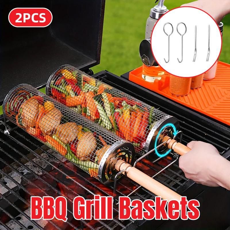 2PCS Rolling BBQ Cage Rotisserie Basket Tube Grill BBQ Cooking Accessories