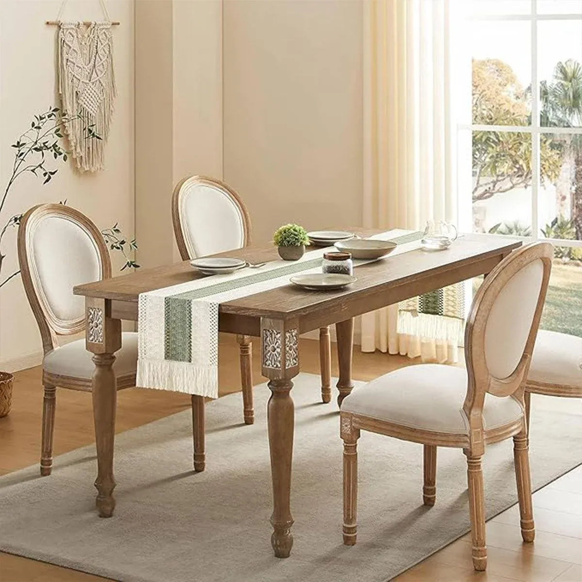 Cotton Linen Table Runner with Knot Tassel Bed End Towel Long Tablecloth Mat - Beige