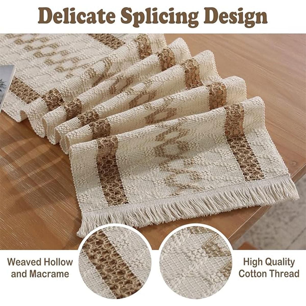 Cotton Linen Table Runner with Knot Tassel Bed End Towel Long Tablecloth Mat - Beige