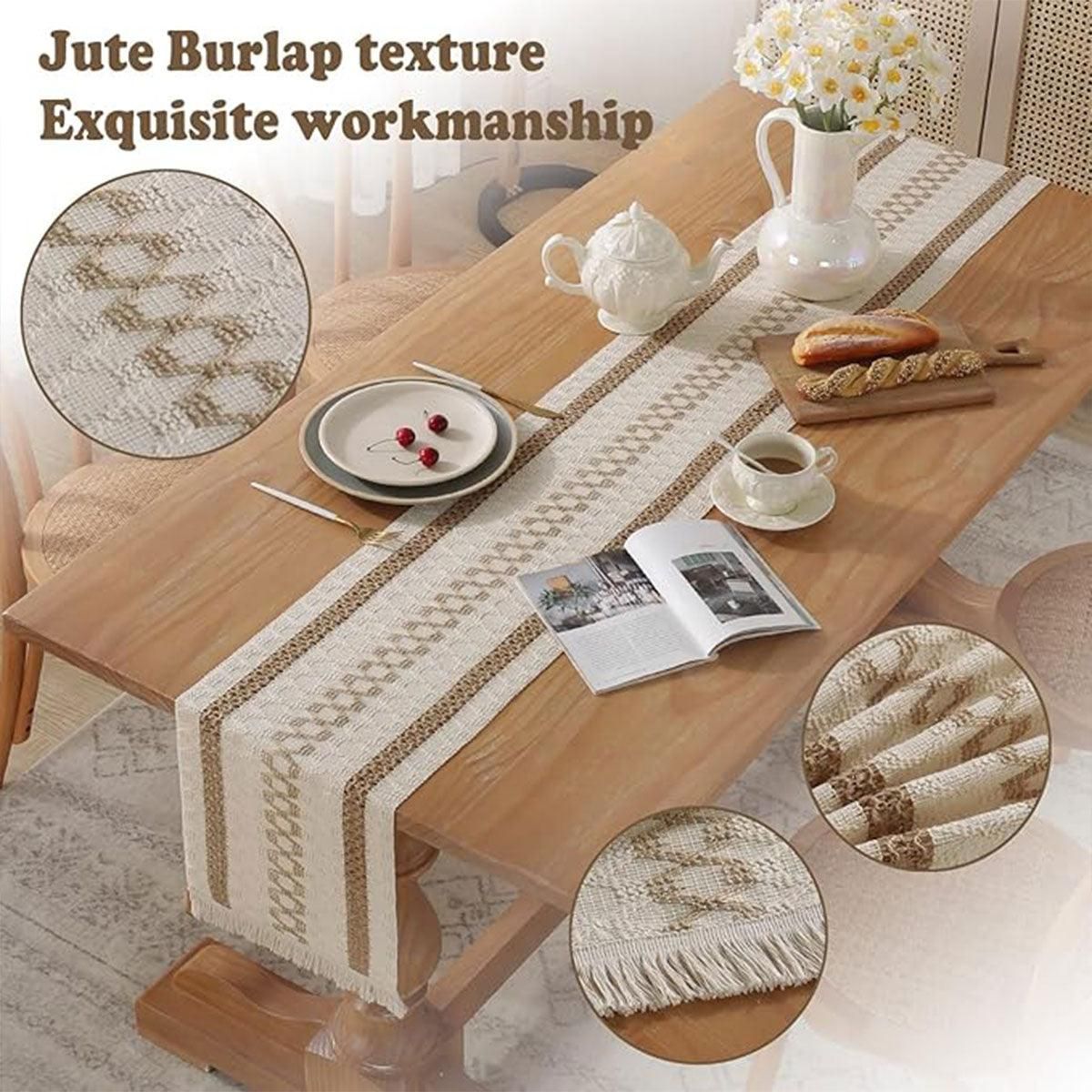 Cotton Linen Table Runner with Knot Tassel Bed End Towel Long Tablecloth Mat - Beige