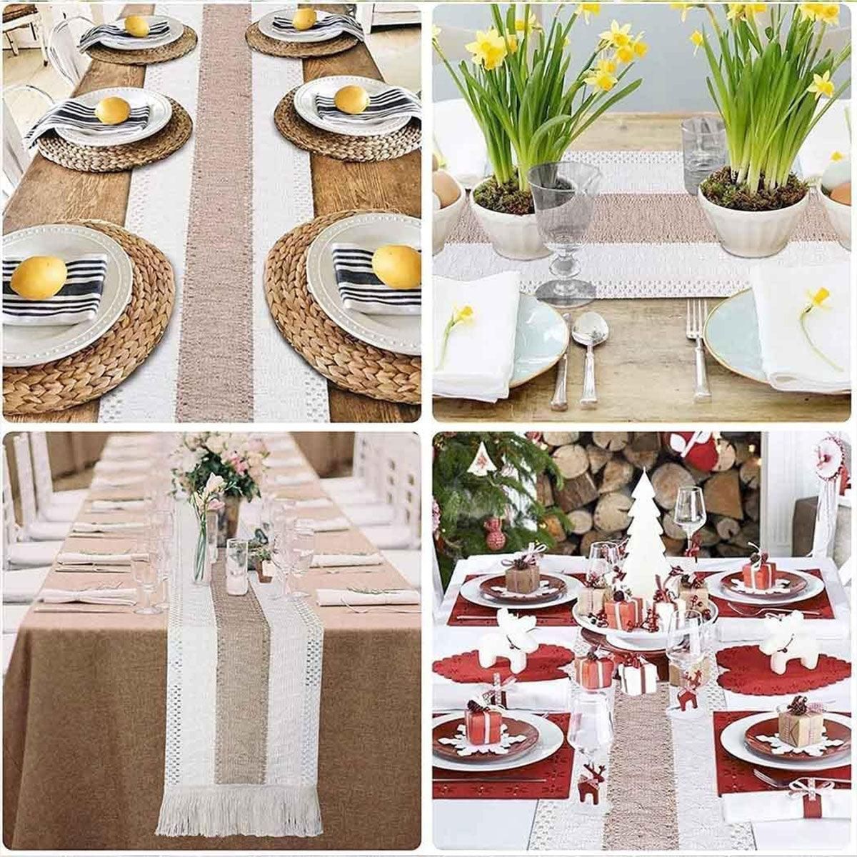 Cotton Linen Table Runner with Knot Tassel Bed End Towel Long Tablecloth Mat - Beige
