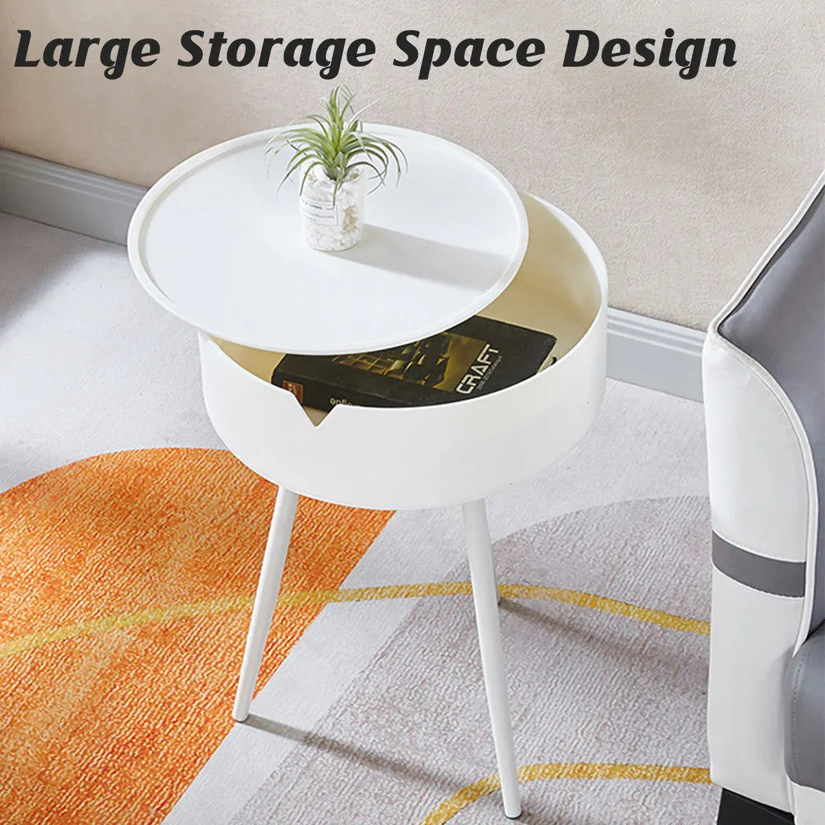Modern Round Bedside Table with Storage White Small Coffee Side Table 40cm