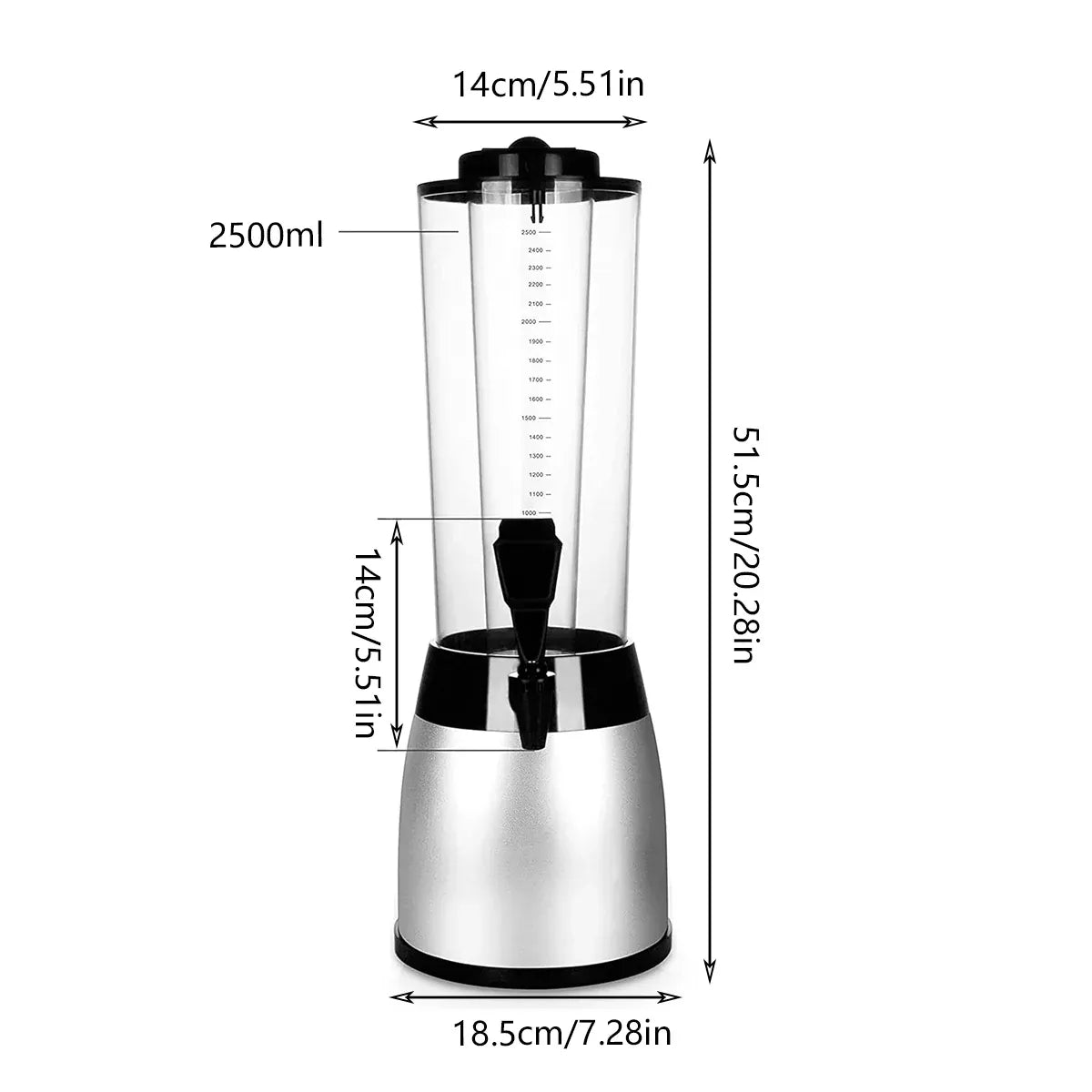 2.5L Beer Tower Beverage Dispenser Clear for Bar Party Home KTV Drink Serving - Black