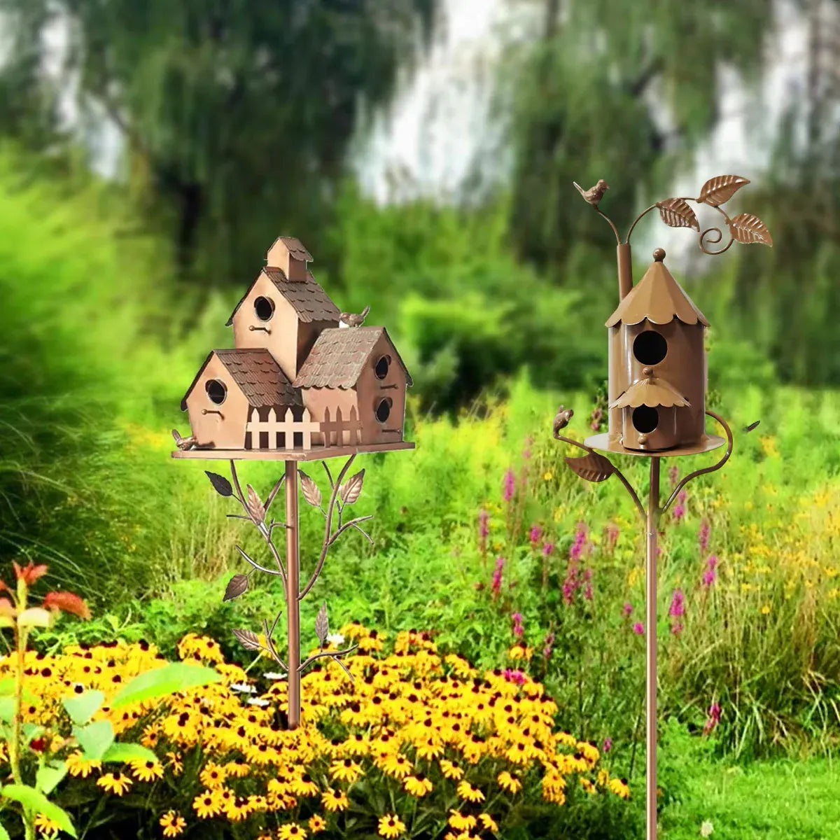 Birdhouse Garden Stakes Outdoor Yard Ornaments for Lawn and Garden Decoration - A