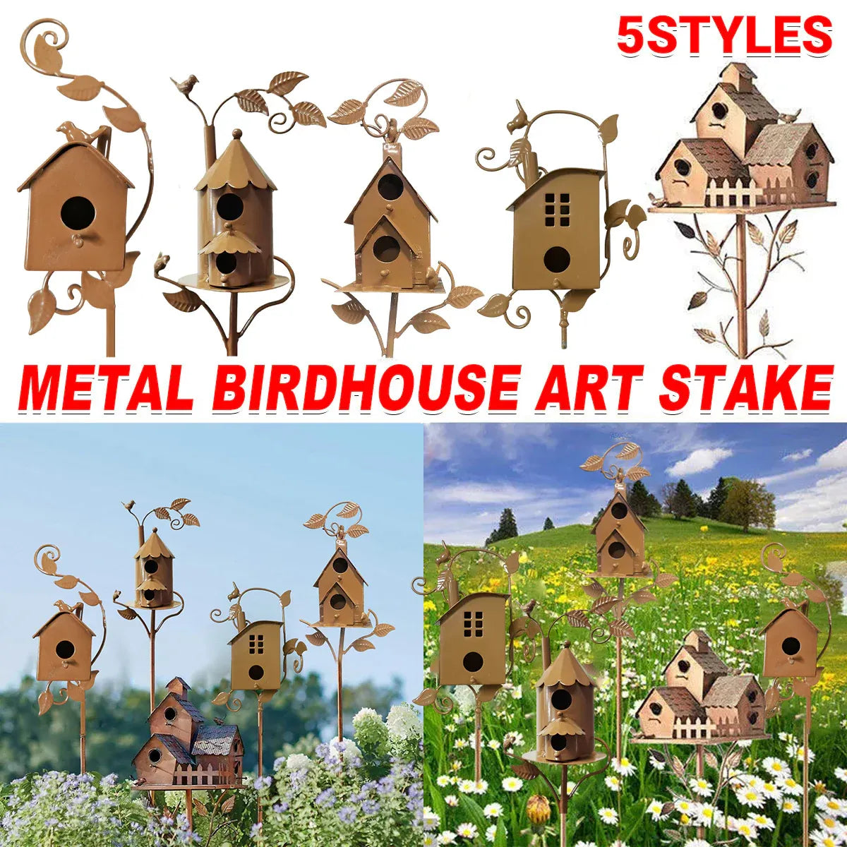 Birdhouse Garden Stakes Outdoor Yard Ornaments for Lawn and Garden Decoration - D