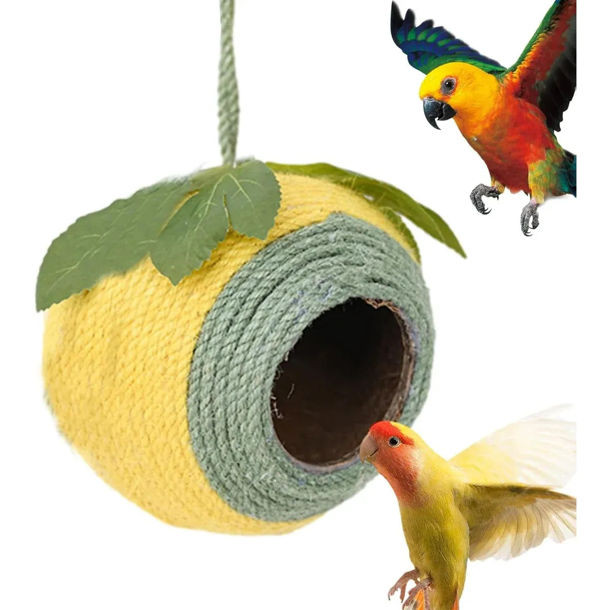 Bird Nest Parrot Nest Coconut Shell Braided Twine Colourful Cage Hanging Bed - White-Brown-Screw Model