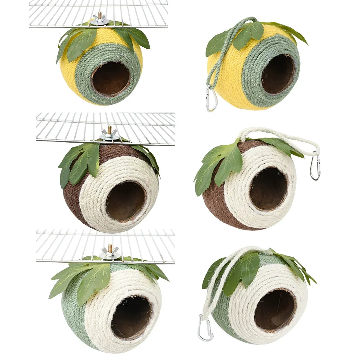 Bird Nest Parrot Nest Coconut Shell Braided Twine Colourful Cage Hanging Bed - White-Green-Screw Model