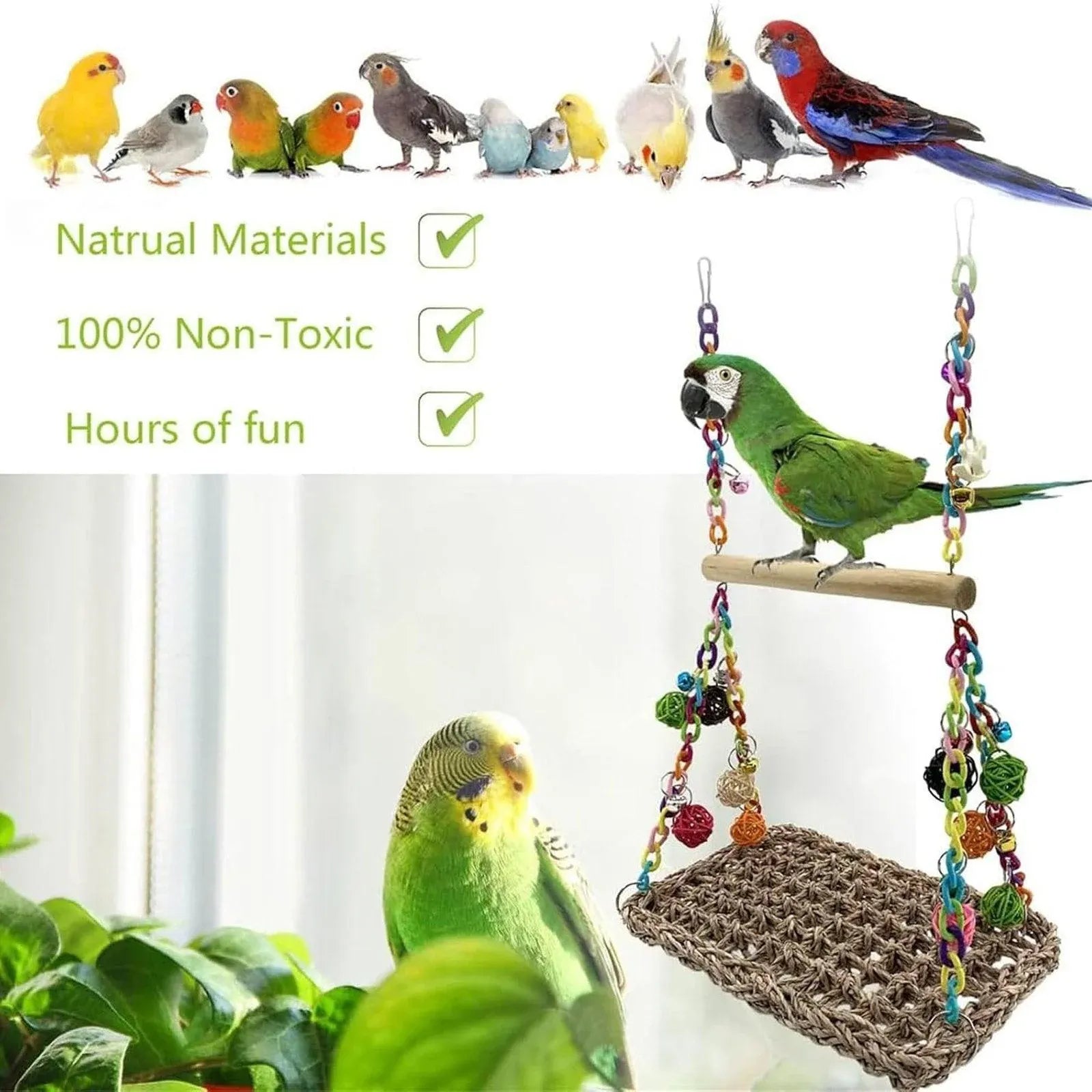 Parrot Hammock Swing Toy with Colourful Chain Double Swing Bird Cage Play