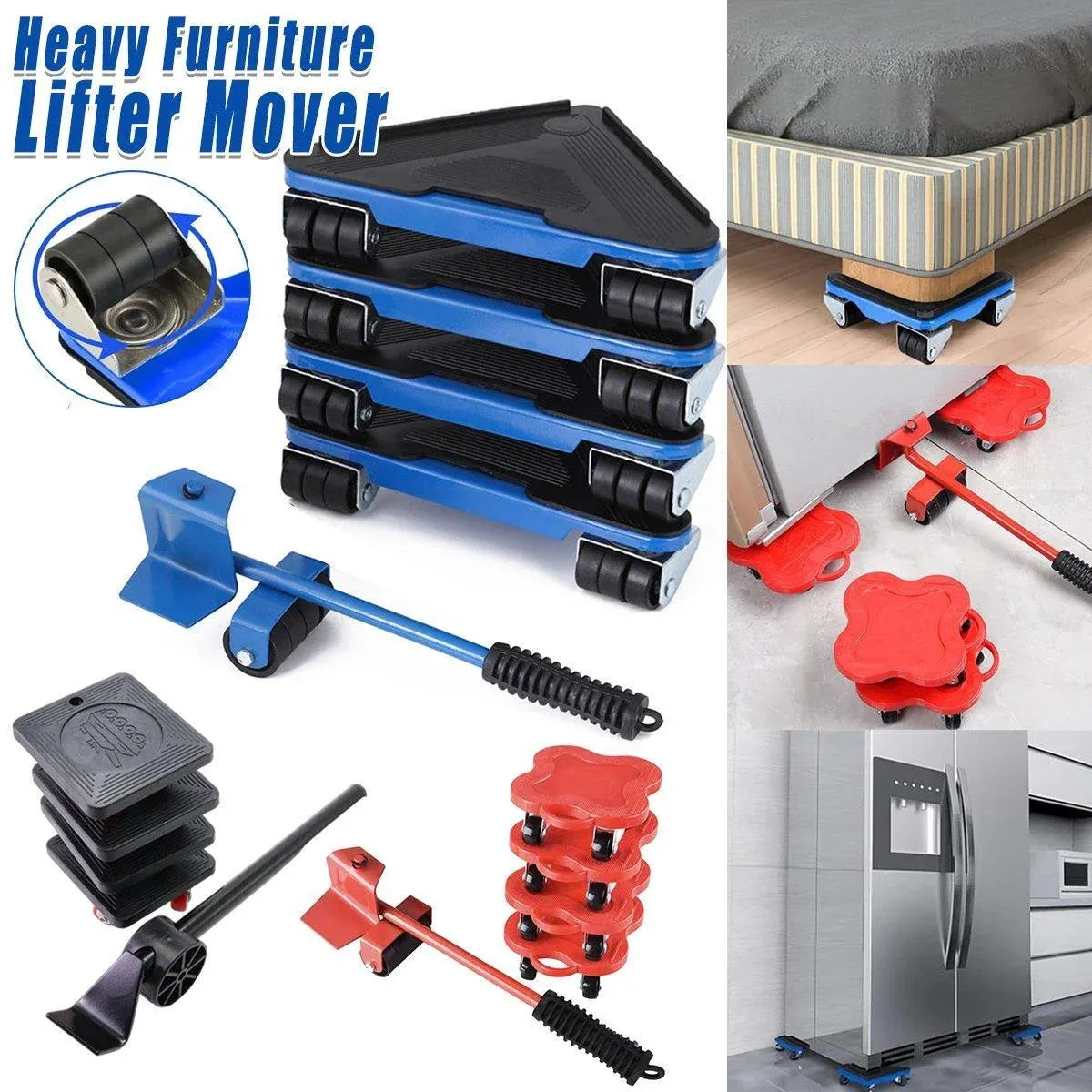 Heavy Duty Moving Tool Set Easy Move Five Piece Furniture Lifter Kit for Home - Red