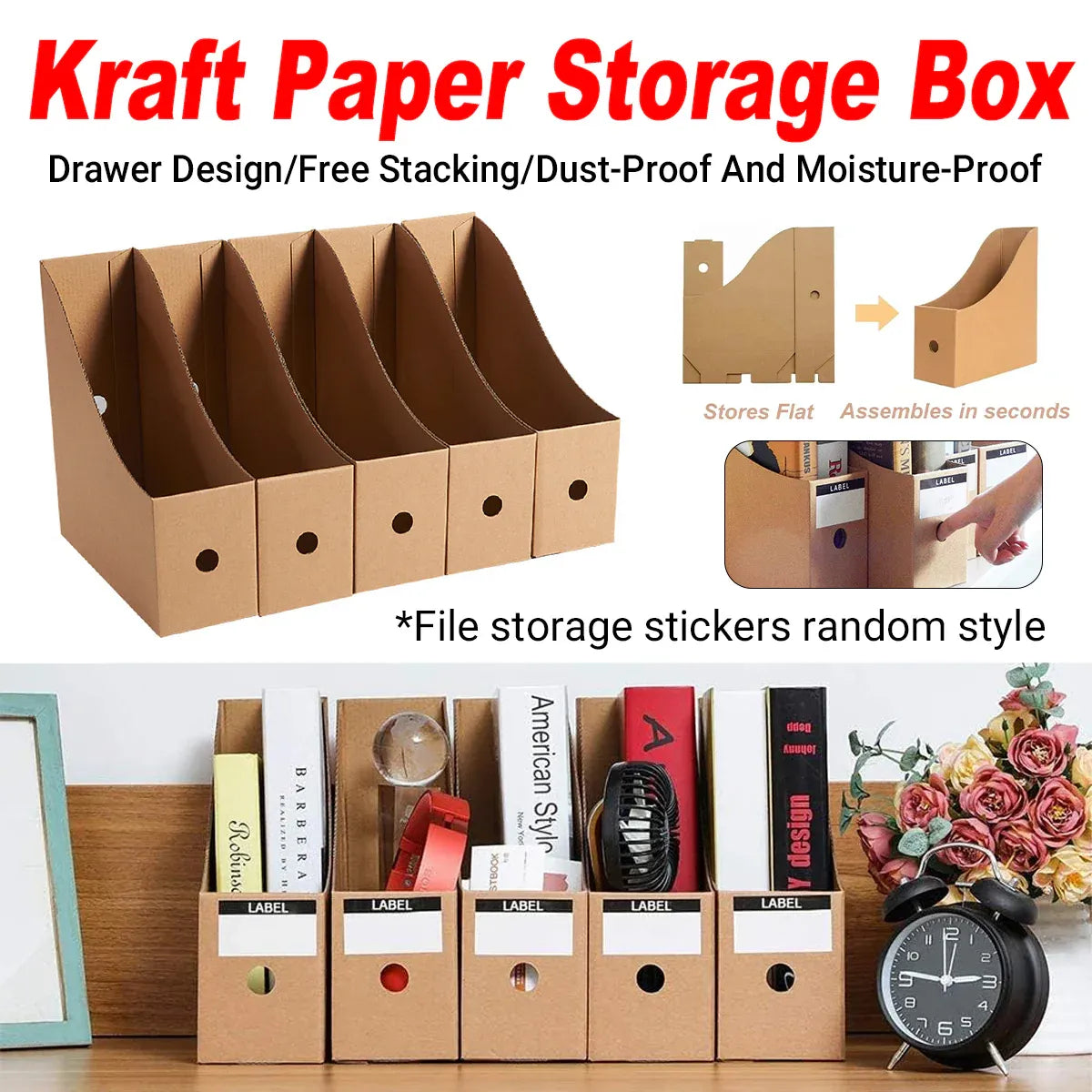 Kraft Paper Desktop Book File Storage Box Durable Sturdy Foldable Space Saving