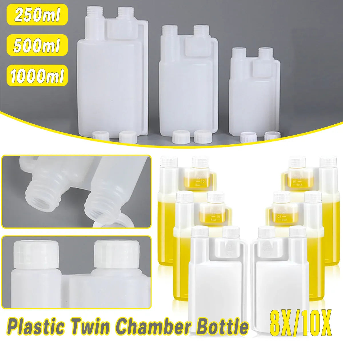 250-1000ml Plastic Twin Chamber Bottle with Tamper Evident Cap for Chemical Liquids - 10Pcs 500ml