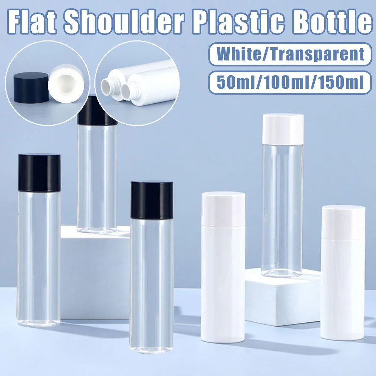 50/100/150ml Plastic Toner Lotion Bottles Refillable Travel Cosmetic Containers - White Lid + White Bottle - 50ml